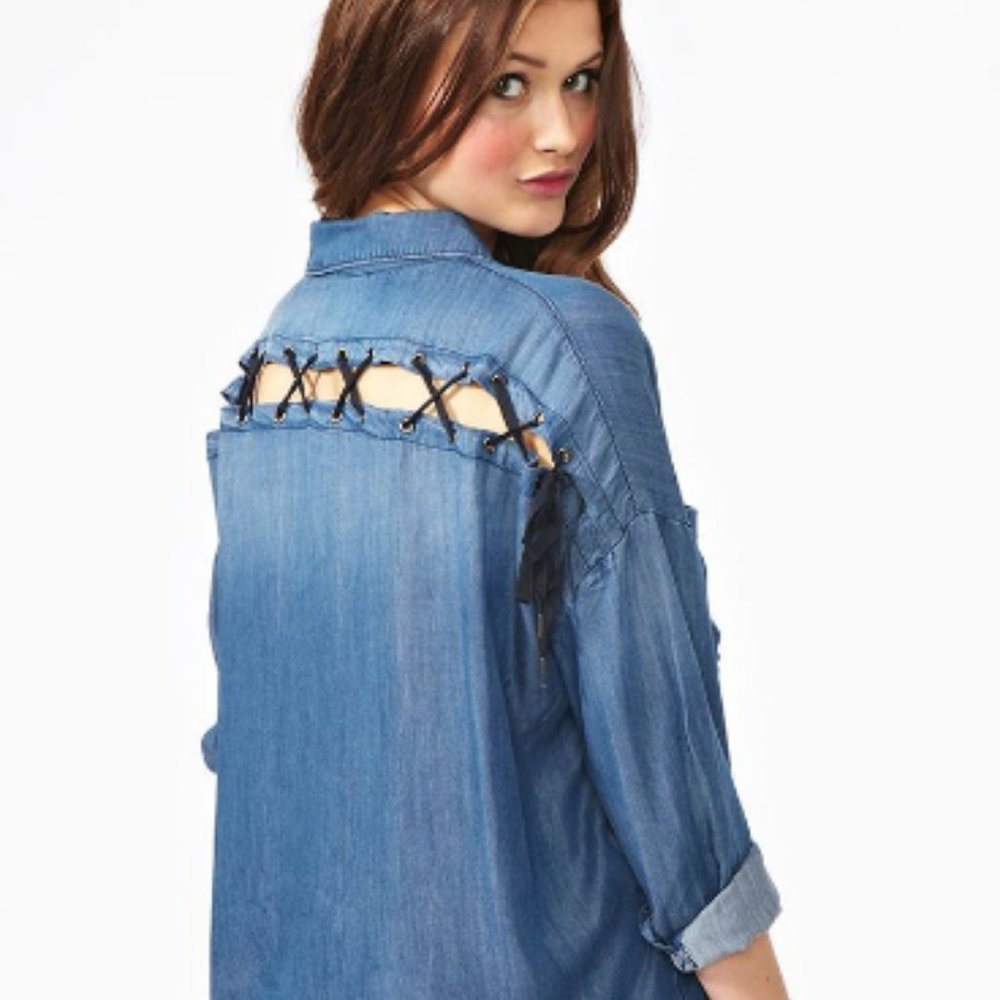 UO Funktional Denim Button Down Blouse Open Back